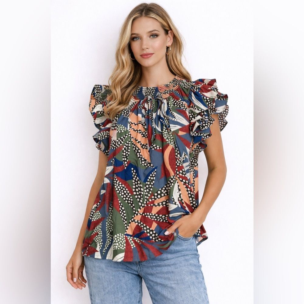 DR2 Daniel Rainn Floral Printed Ruffle Sleeve Top NWOT